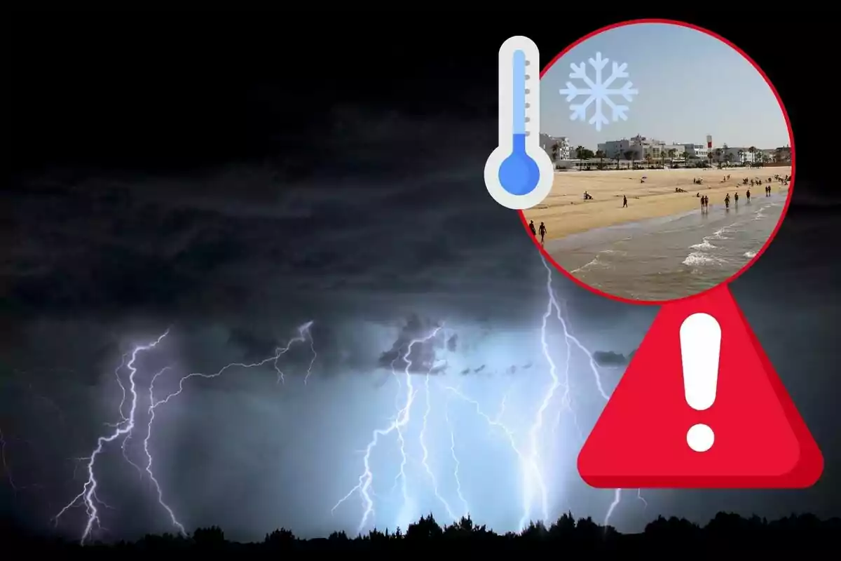 Thunderstorm with lightning in the dark sky and a warning icon showing a beach with a thermometer and a snowflake. Thunderstorm with lightning in the dark sky and a warning icon showing a beach with a thermometer and a snowflake.
