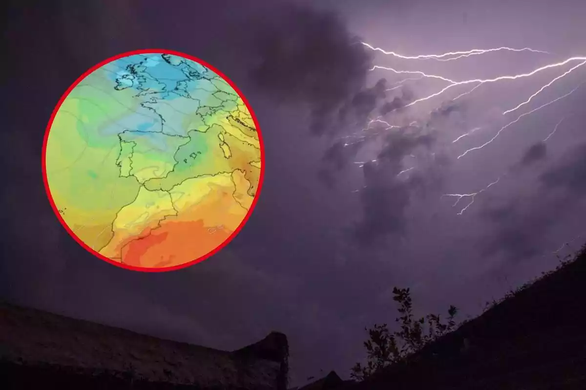 Muntatge d'una foto de fons de tempesta amb llampecs i una rodona amb un mapa meteorològic