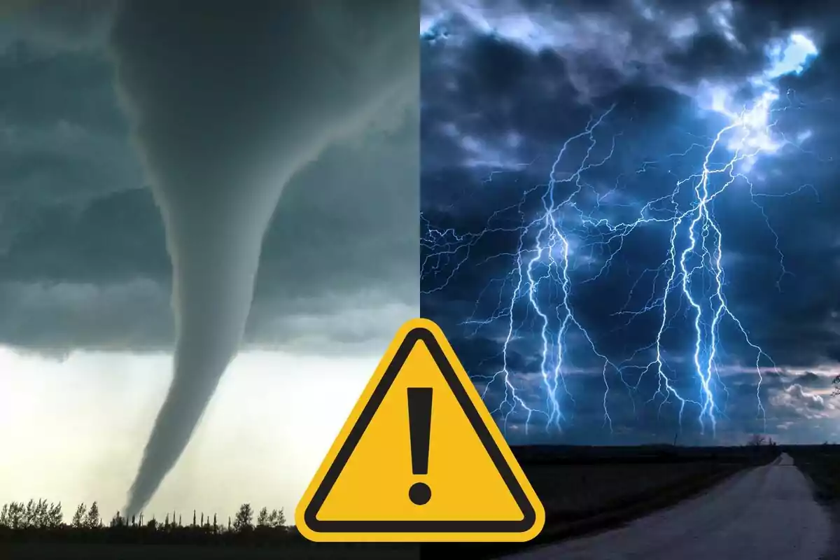 Split image showing a tornado on the left and lightning on the right with a warning symbol in the center. Split image showing a tornado on the left and lightning on the right with a warning symbol in the center.