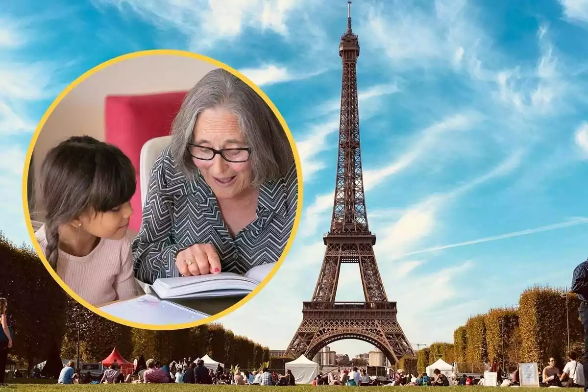 Muntatge amb la Torre Eiffel i gent asseguda a la gespa i un cercle amb una àvia llegint un llibre a la seva néta