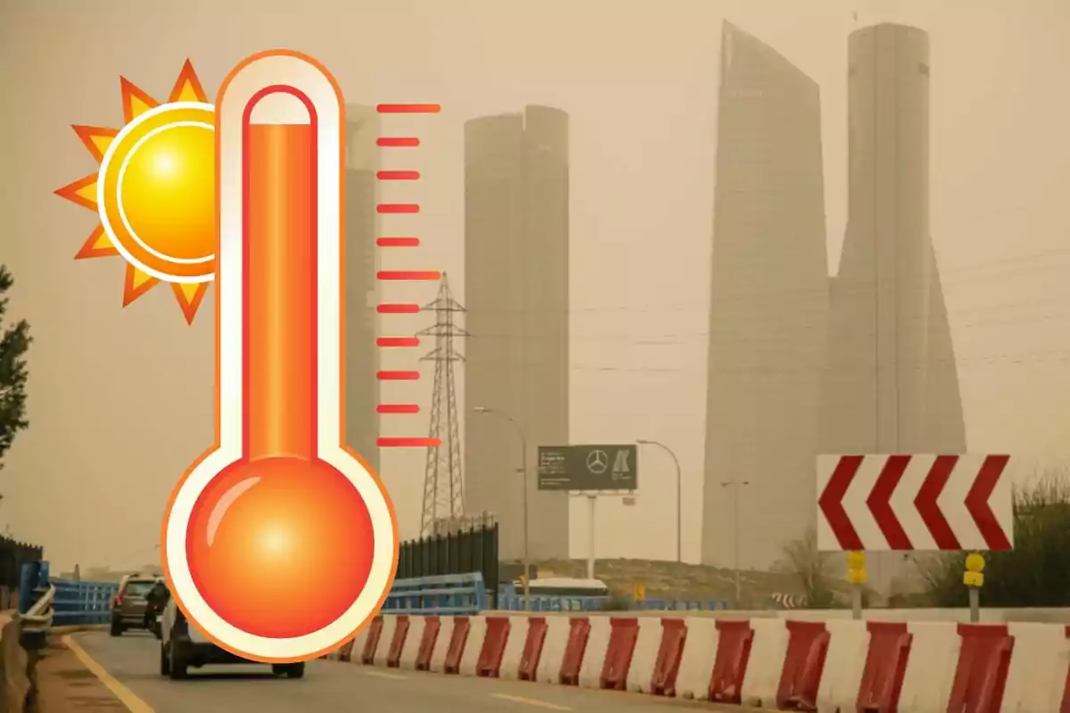 Carretera urbana amb trànsit i gratacels al fons en un dia calorós i assolellat, amb un gran termòmetre i un sol dibuixats en primer pla