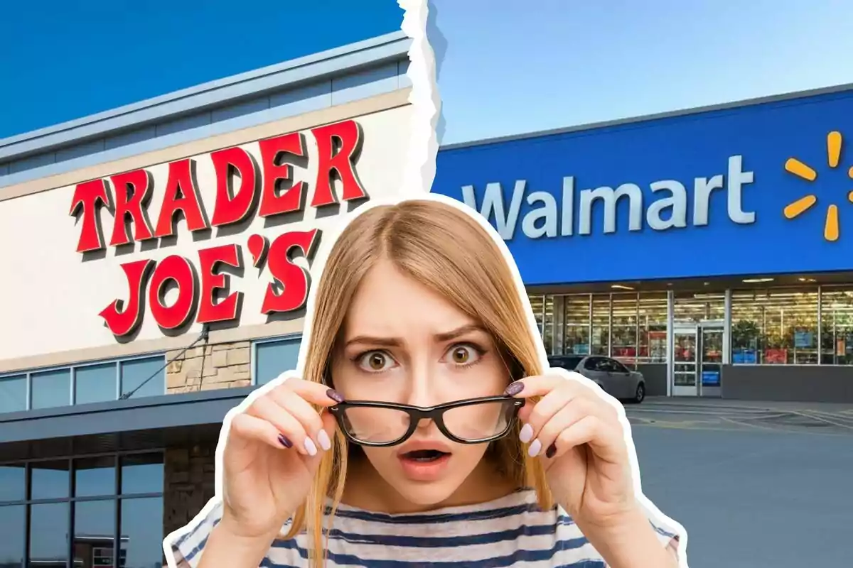 A surprised woman holds her glasses in front of the Trader Joe's and Walmart signs.
