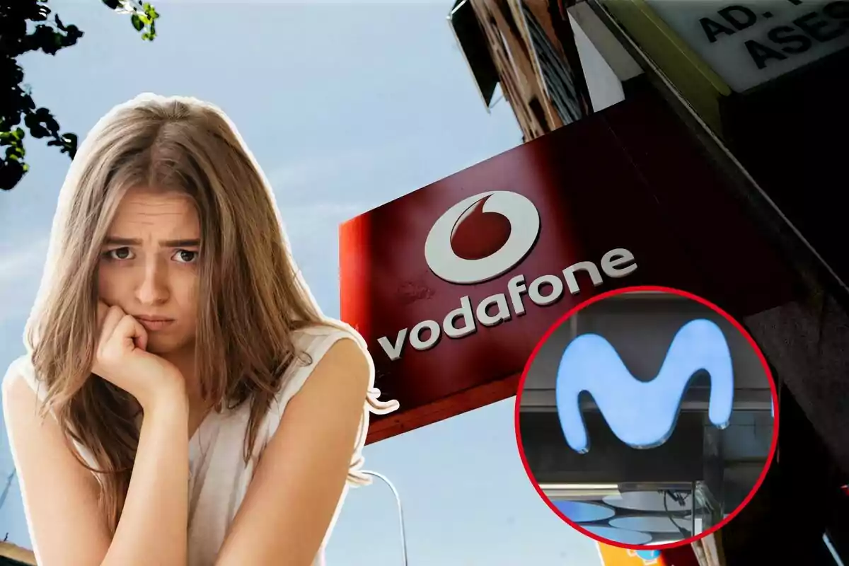 Una dona amb expressió preocupada davant d'un cartell de Vodafone i un logotip de Movistar en un cercle vermell.