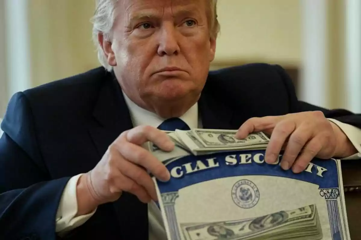 A man in a suit holds a wad of bills and a sign that says "Social Security."