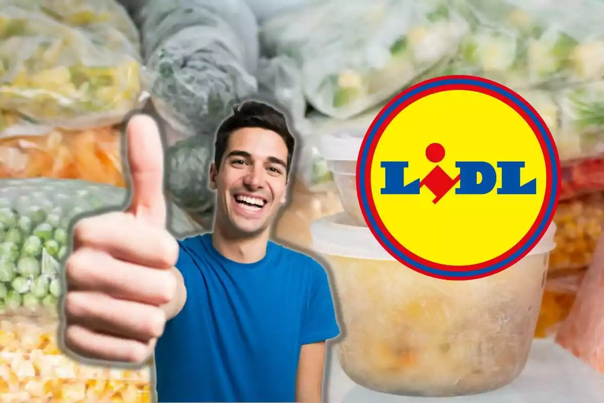 Muntatge amb un tàper a la nevera, un home amb el polze a dalt i el logo de lidl