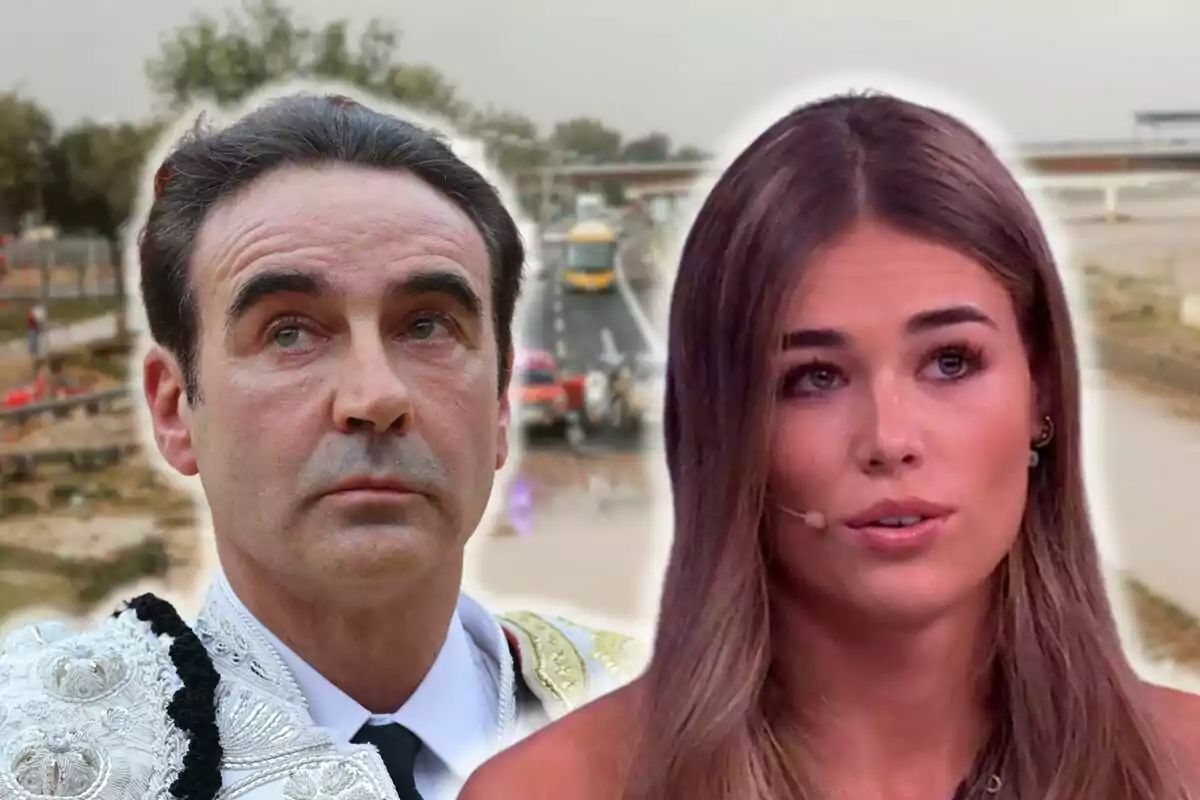 Muntatge d´una zona devastada, Enrique Ponce amb un vestit blanc de torero i Ana Soria parlant amb un micròfon