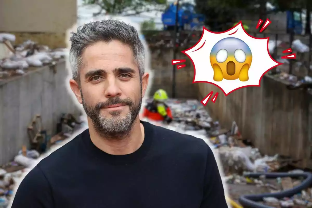 Roberto Leal amb barba i cabell canós és davant d'un fons d'escombraries amb un emoji de sorpresa al costat.