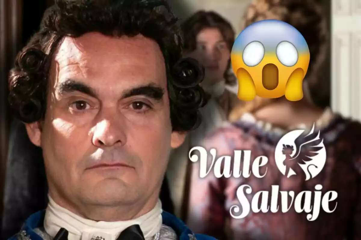 Óscar Rabadán mirant al front, al fons dues persones desenfocades i un emoji de sorpresa cobrint una cara, al costat del text Valle Salvaje amb un logotip de criatura alada.