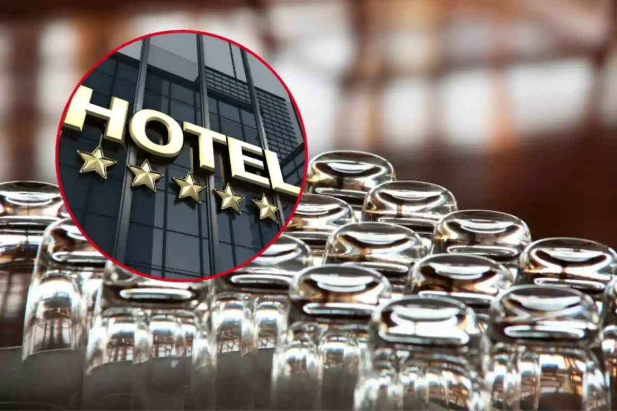 Un rètol d'hotel de cinc estrelles sobre un fons de gots de vidre invertits. Un rètol d'hotel de cinc estrelles sobre un fons de gots de vidre invertits.