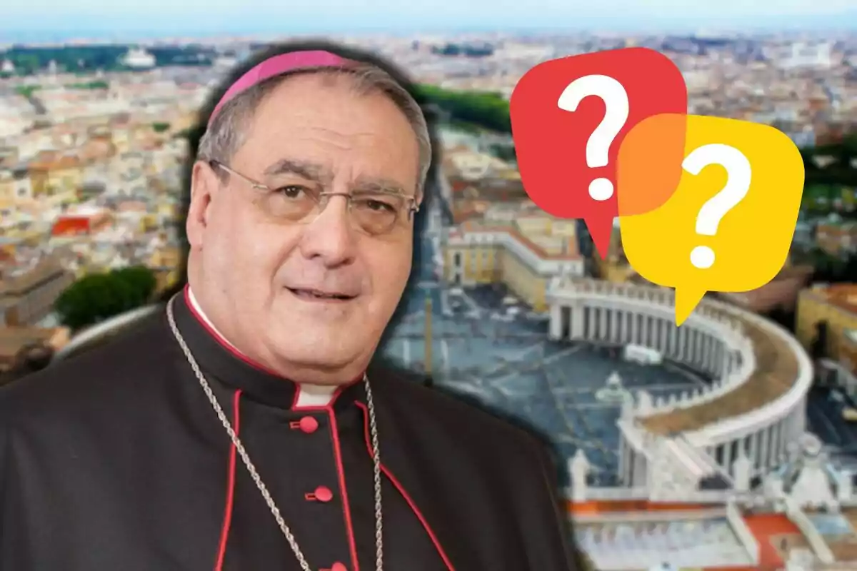 A cleric in religious attire in front of an aerial view of St. Peter's Square in the Vatican with two speech bubbles with question marks. A cleric in religious attire in front of an aerial view of St. Peter's Square in the Vatican with two speech bubbles with question marks.
