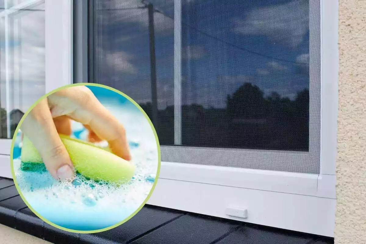 Muntatge amb una finestra amb una mosquitera i un cercle amb una mà amarant una esponja amb aigua i sabó