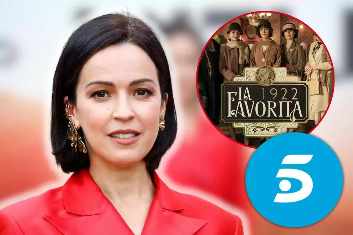 Verónica Sánchez amb cabells foscos i anells daurats porta un vestit vermell, al costat d'un cercle que mostra una imatge d'època amb el text "La Favorita 1922" i el logotip d'un canal de televisió.