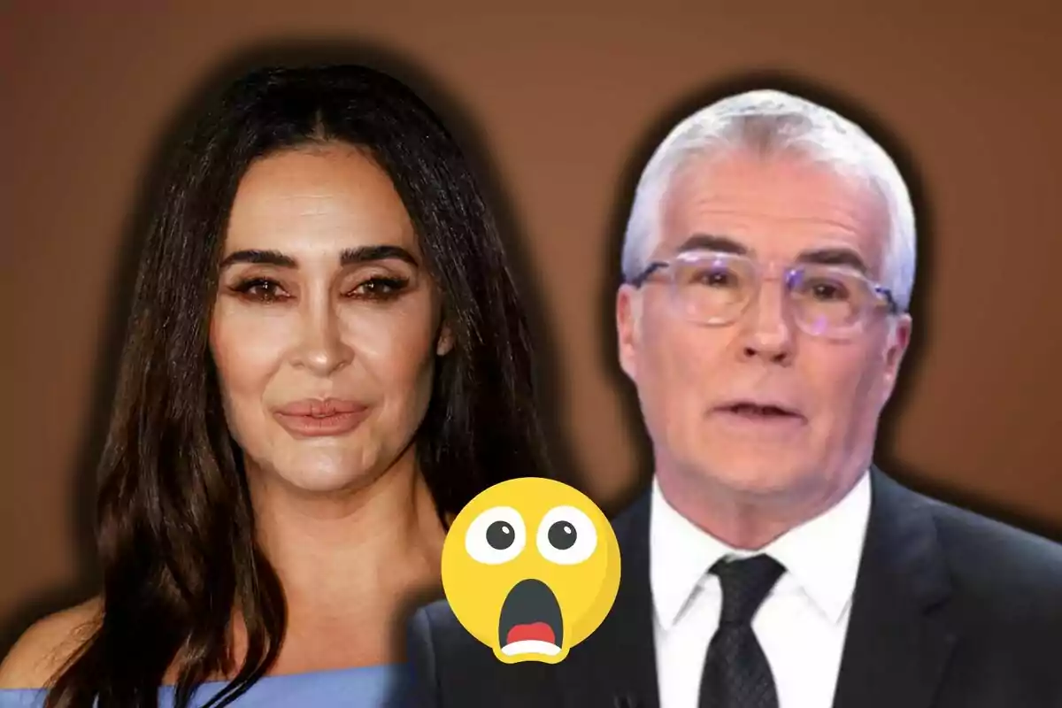 Vicky Martín Berrocal and David Cantero appear together against a brown background, with a surprised face emoji in the center.