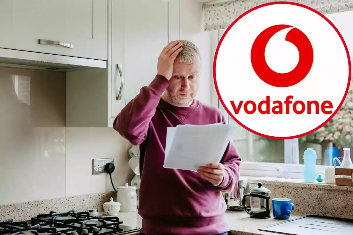 Un home revisa una factura, amb la mà al cap, i al cercle, el logotip de Vodafone