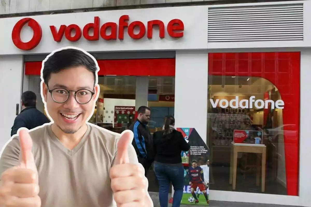 Un home somrient amb ulleres i polzes a dalt davant d'una botiga de Vodafone.