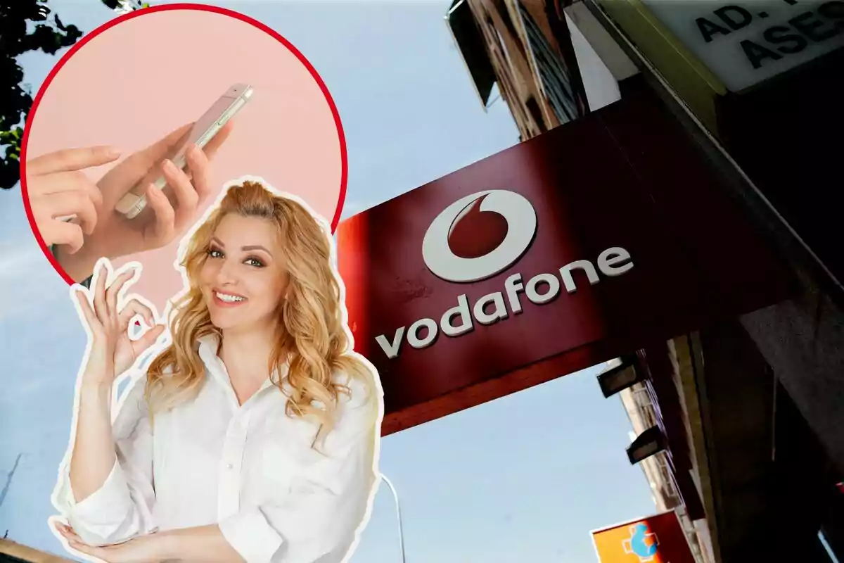 Un rètol de Vodafone, amb una noia fent el gest d'aprovació, i al cercle, un mòbil