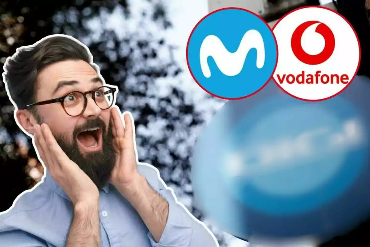 Muntatge amb un home sorprès, logos de Movistar i Vodafone i el de Digi difuminat