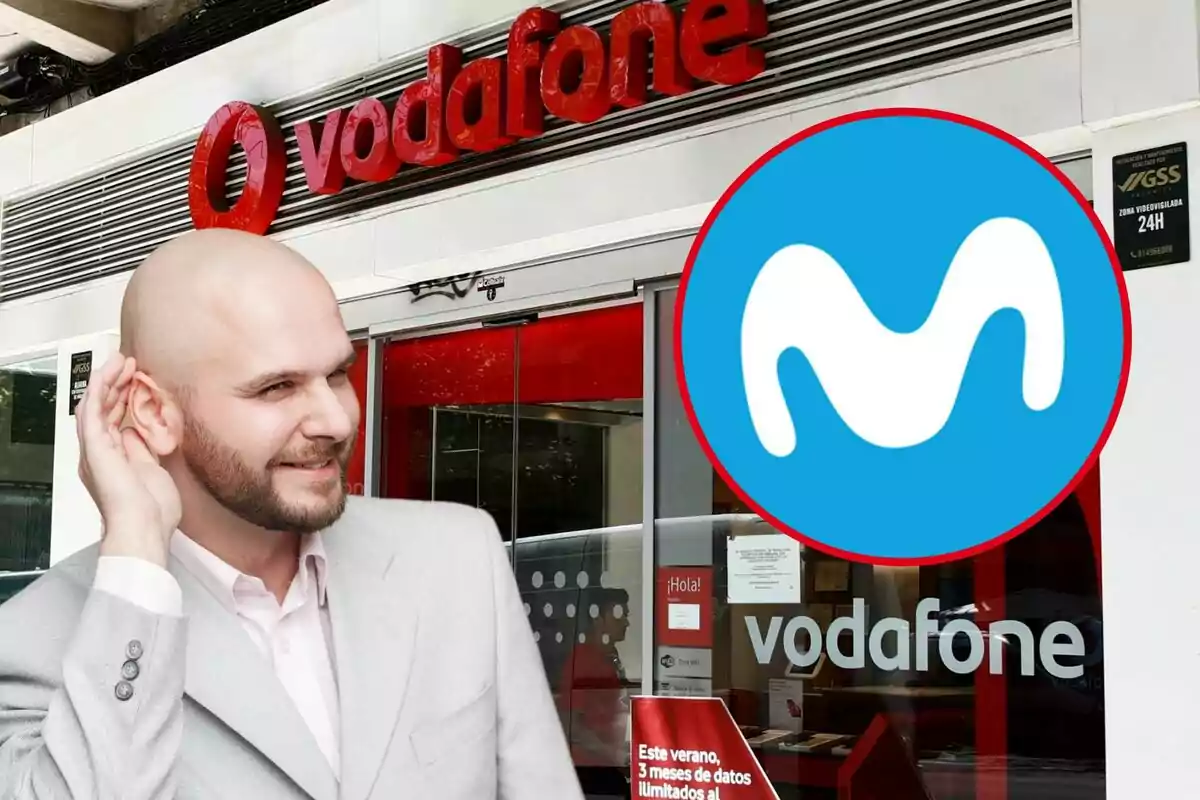 Una botiga de Vodafone al fons, al cercle el logo de Movistar, ia l'esquerra, un home amb la mà a l'orella