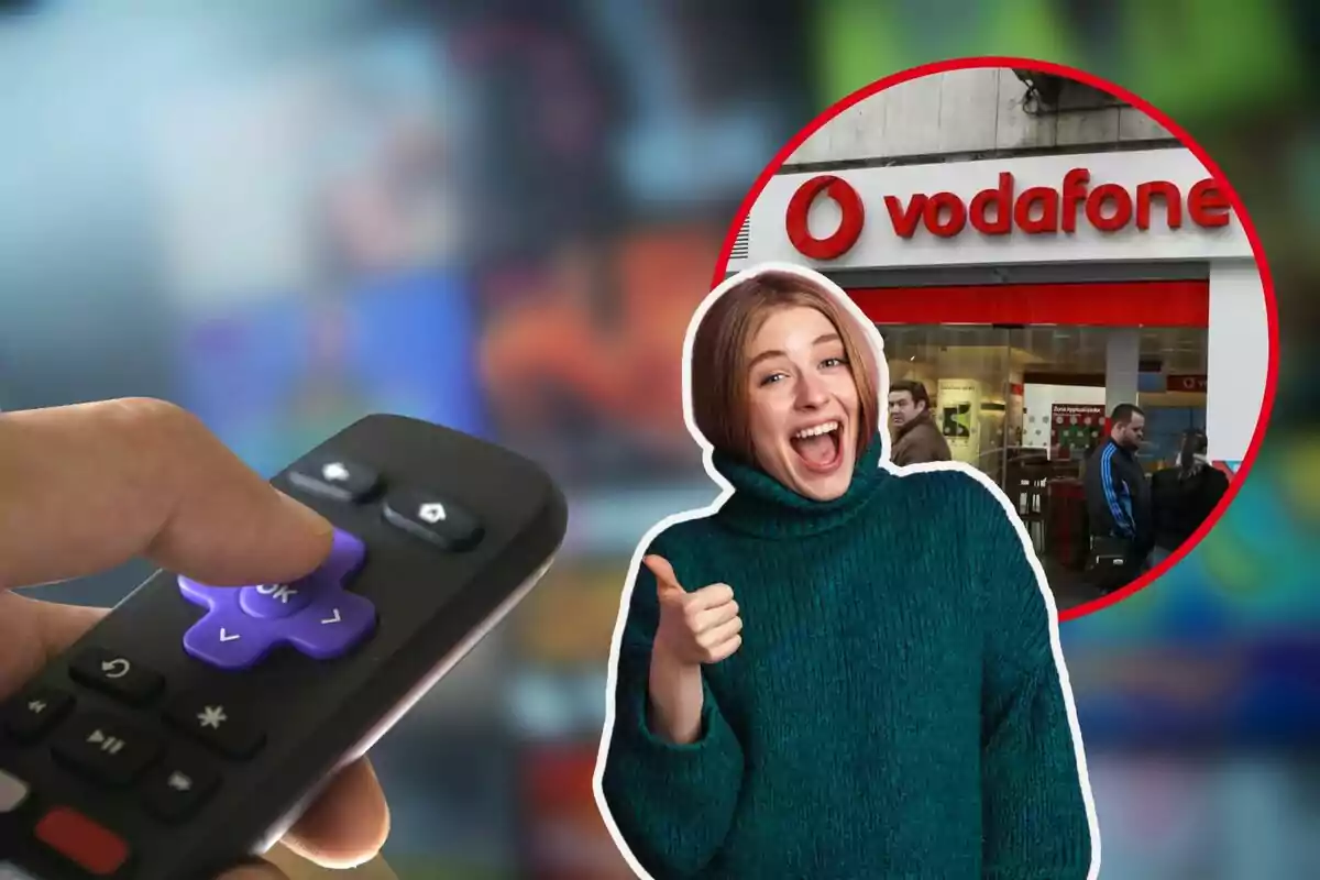 Persona somrient amb polze cap amunt, control remot en primer pla i botiga de Vodafone al fons.