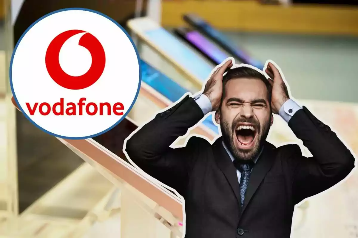 Un home amb expressió de frustració al costat del logotip de Vodafone.