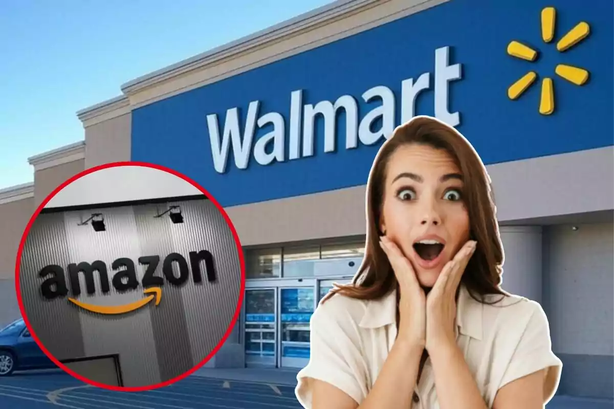 Una dona sorpresa davant d'una botiga de Walmart amb un logotip d'Amazon en un cercle vermell.