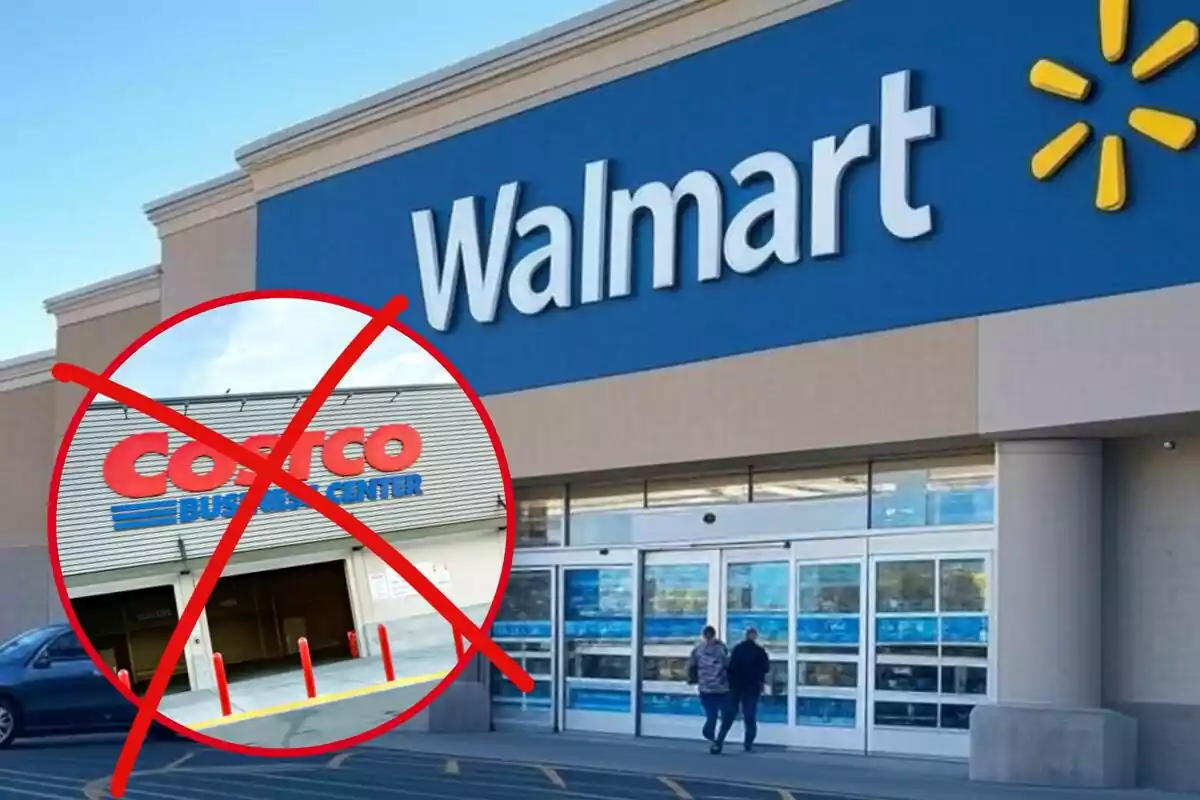 Façana de Walmart amb un cercle vermell que conté la imatge de Costco ratllada