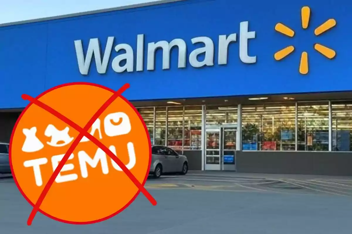 Walmart storefront with the Temu logo crossed out in the foreground