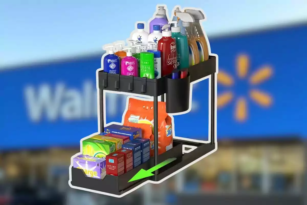 Black plastic organizer with cleaning products and detergents in front of a blurred Walmart store Black plastic organizer with cleaning products and detergents in front of a blurred Walmart store