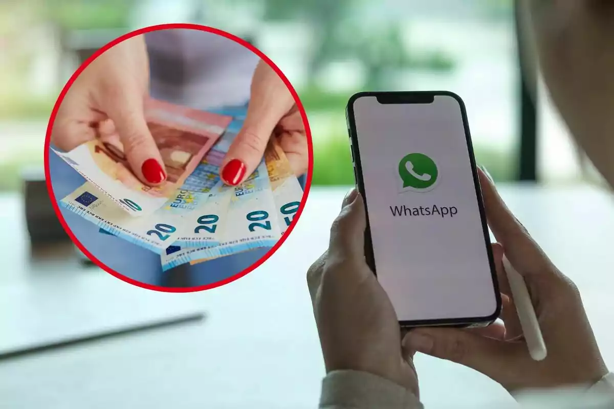Un mòbil amb la pantalla a WhatsApp i al cercle, bitllets d'euro
