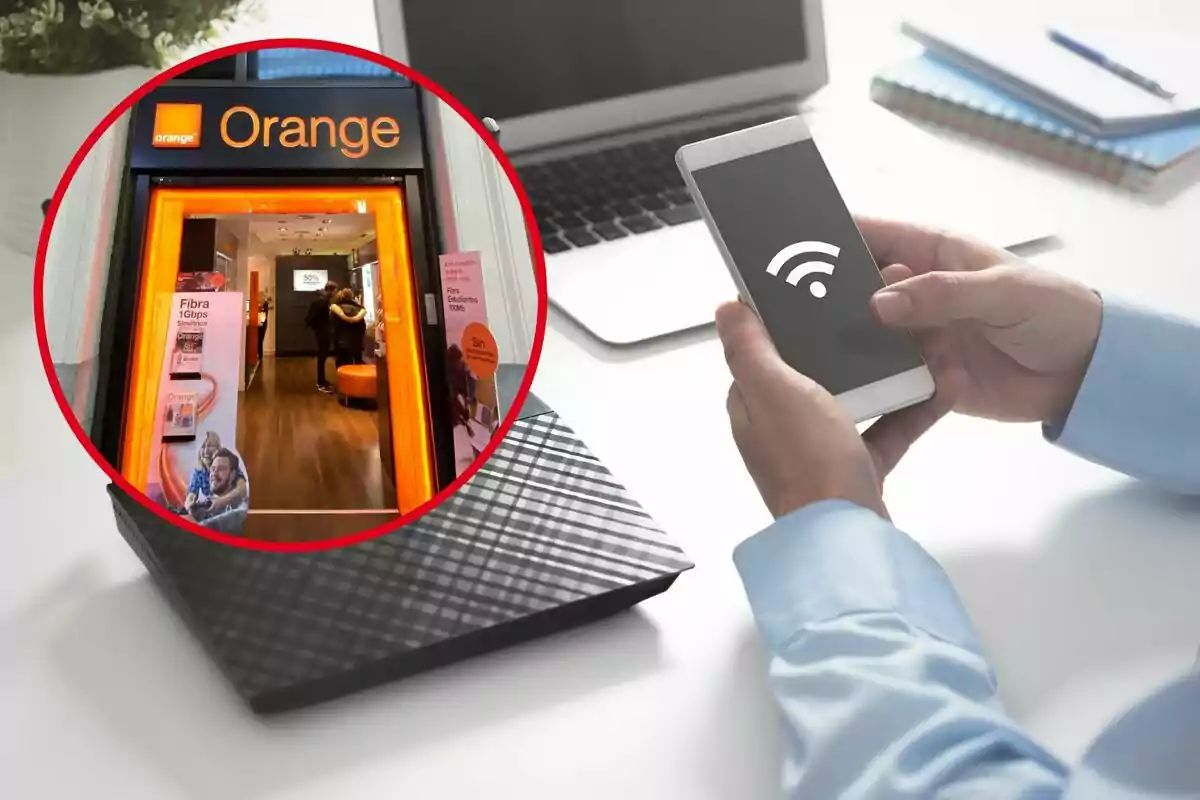 Un home comprova el wifi del mòbil, i al cercle, una botiga d'Orange