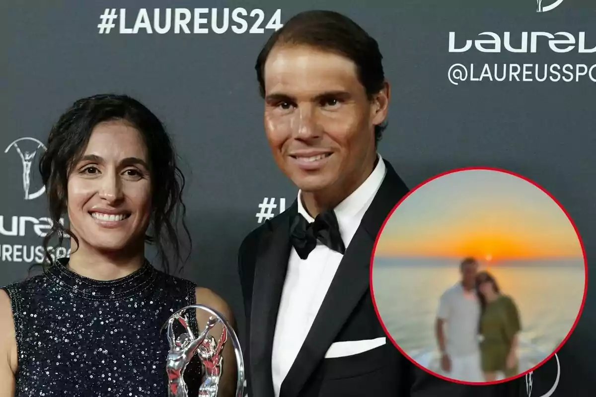 Xisca Perelló i Rafa Nadal posen en un esdeveniment de gala amb un trofeu, amb un fons que mostra el logotip i el hashtag de Laureus, i un requadre que conté una imatge borrosa davant d'un capvespre.