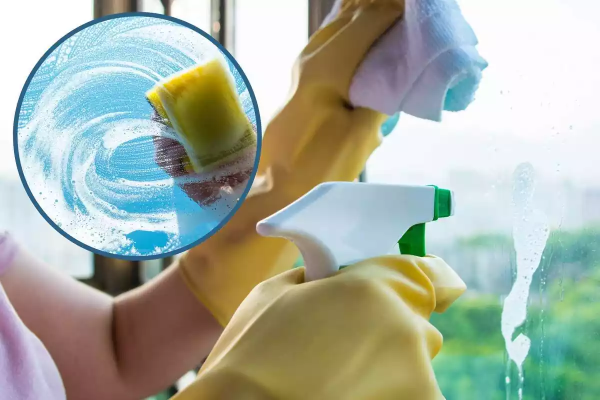 Muntatge amb una persona netejant una finestra amb guants i un cercle amb una esponja amb sabó netejant un vidre