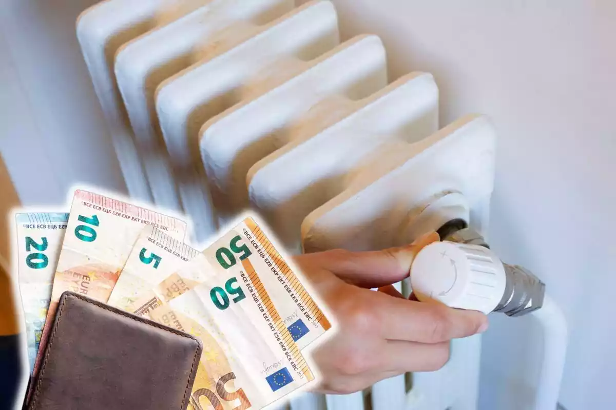 Muntatge amb mà controlant la roda d'un radiador de paret i una cartera amb diversos bitllets d'euro