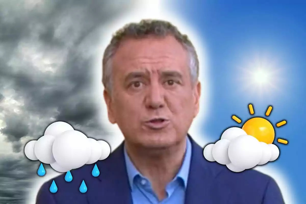 Muntatge de fotos de Roberto Brasero amb rostre neutre, amb un fons dividit entre cel ennuvolat i cel assolellat acompanyat d’icones de temps plujós i assolellat.