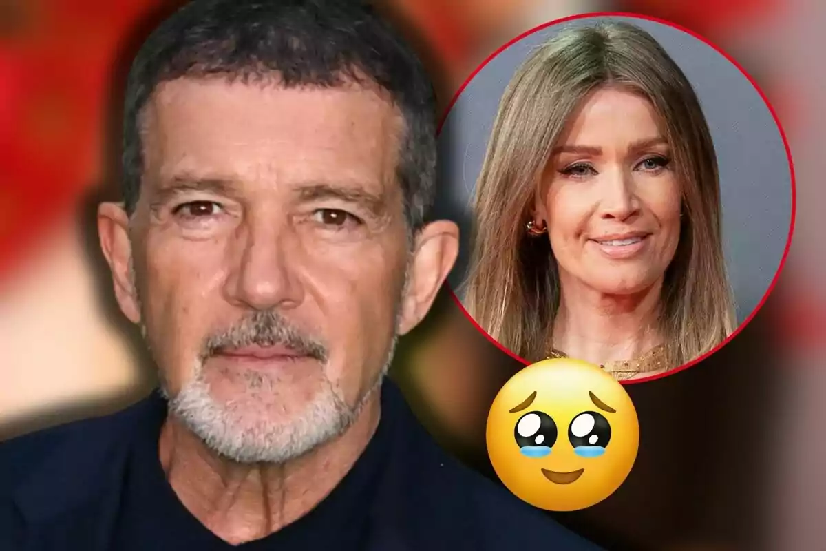 Antonio Banderas apareix en primer pla, mentre que en un cercle vermell al seu costat es mostra a Nicole Kimpel somrient; hi ha un emoji amb ulls brillants i llàgrimes a la part inferior.