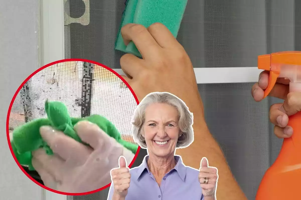 Imatge de fons d'una persona netejant una mosquitera amb una altra d'una mà amb un drap netejant una mosquitera i una altra d'una dona en primer pla amb gest d'aprovació