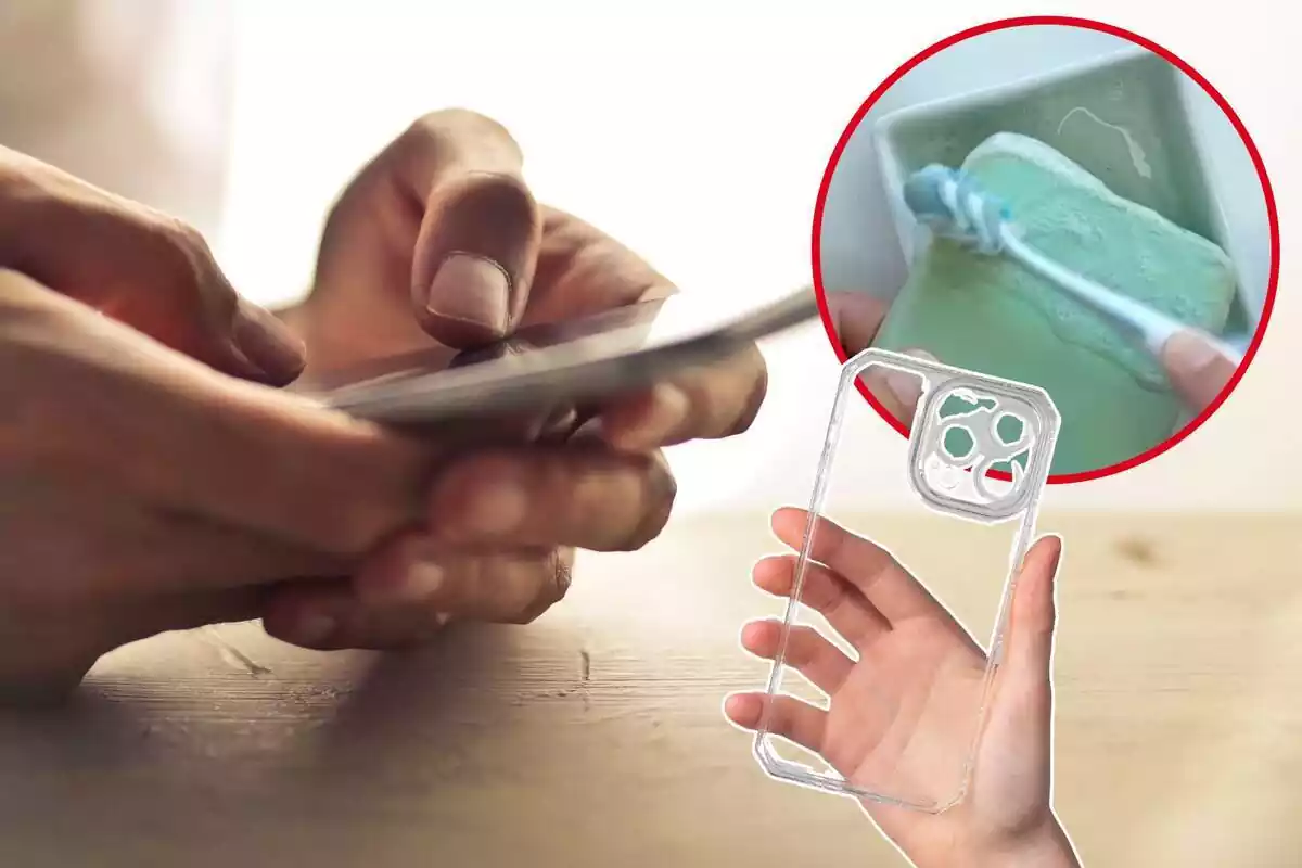 Imatge de fons d´unes mans amb un mòbil a la mà i una altra imatge d´una mà amb una funda de mòbil transparent, i una tercera imatge d´una persona netejant una funda de mòbil amb un raspall de dents
