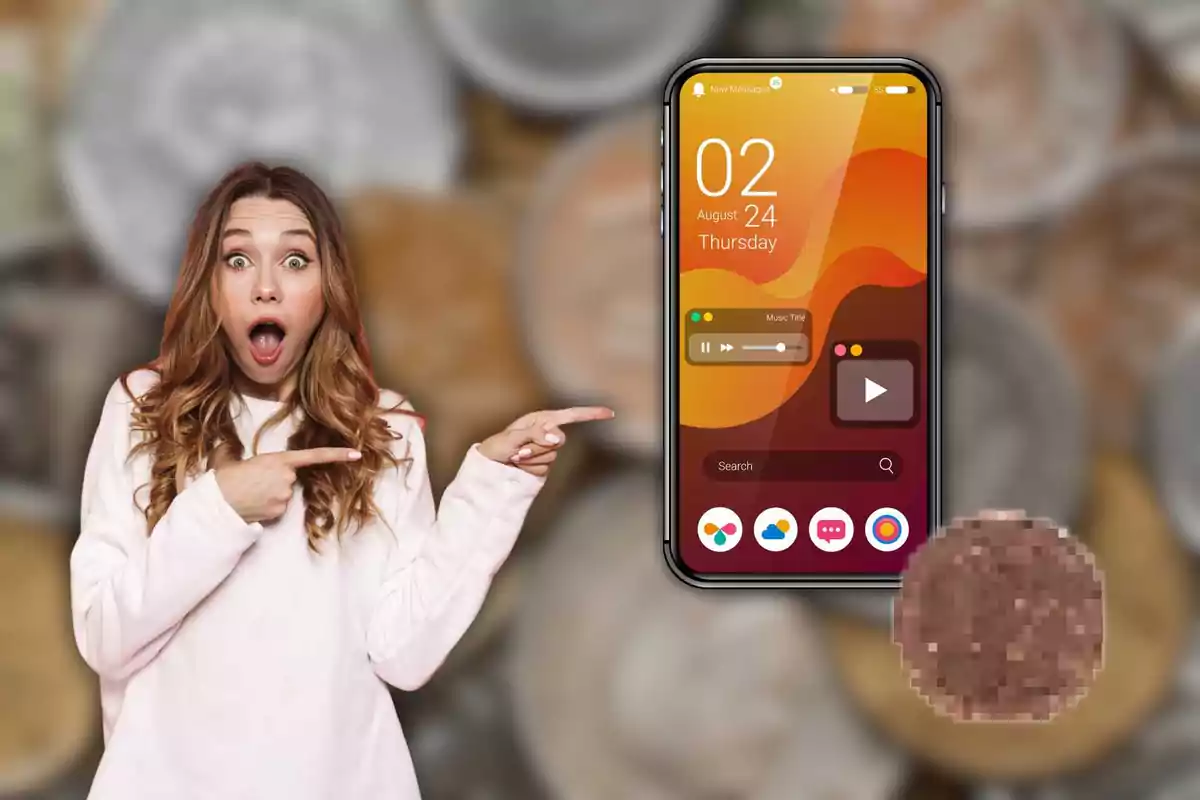 Una dona amb expressió de sorpresa assenyala cap a un telèfon intel·ligent amb una pantalla d'inici acolorida, mentre una moneda pixelada apareix a la cantonada inferior dreta.