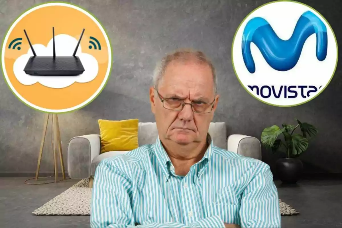Home gran amb expressió d'enuig, amb una icona d'un router i el logotip de Movistar al fons.