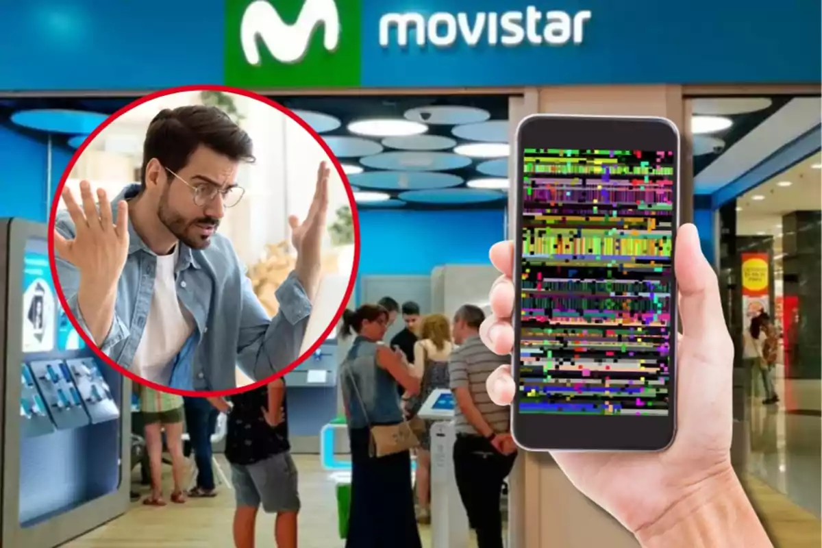 Un home molest dins un cercle vermell, una botiga de Movistar de fons i una mà sostenint un telèfon amb la pantalla distorsionada.