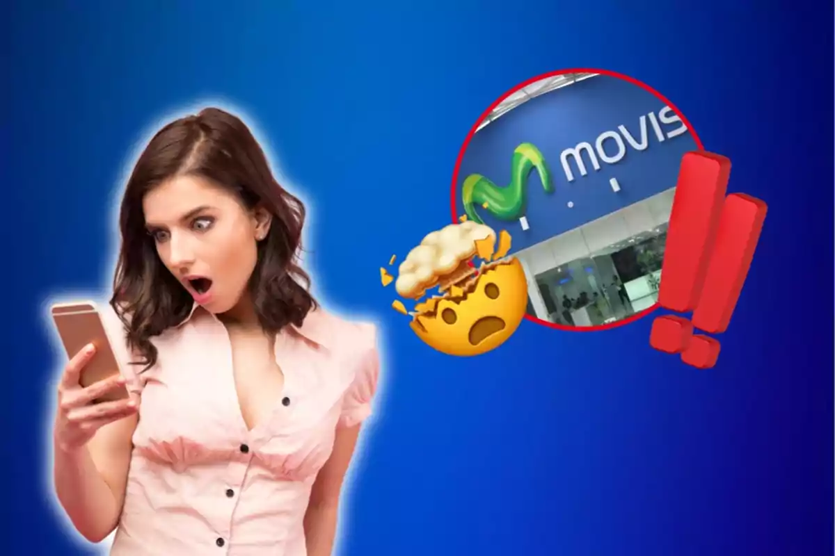 Dona sorpresa mirant el telèfon amb un logo de Movistar i emojis de sorpresa i exclamació.