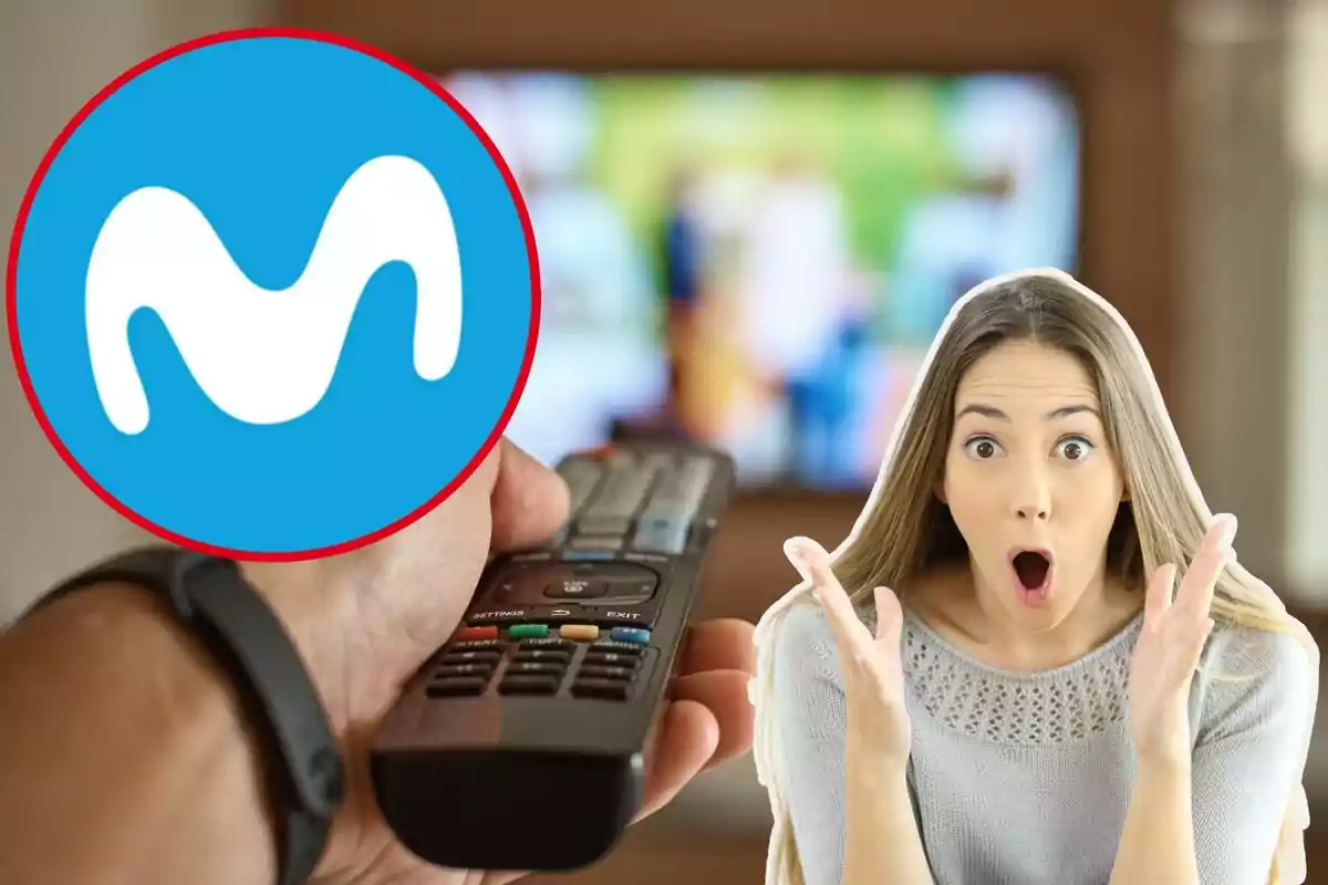 Una persona sosté un control remot davant d'una televisió amb el logotip de Movistar superposat i una dona amb expressió de sorpresa.