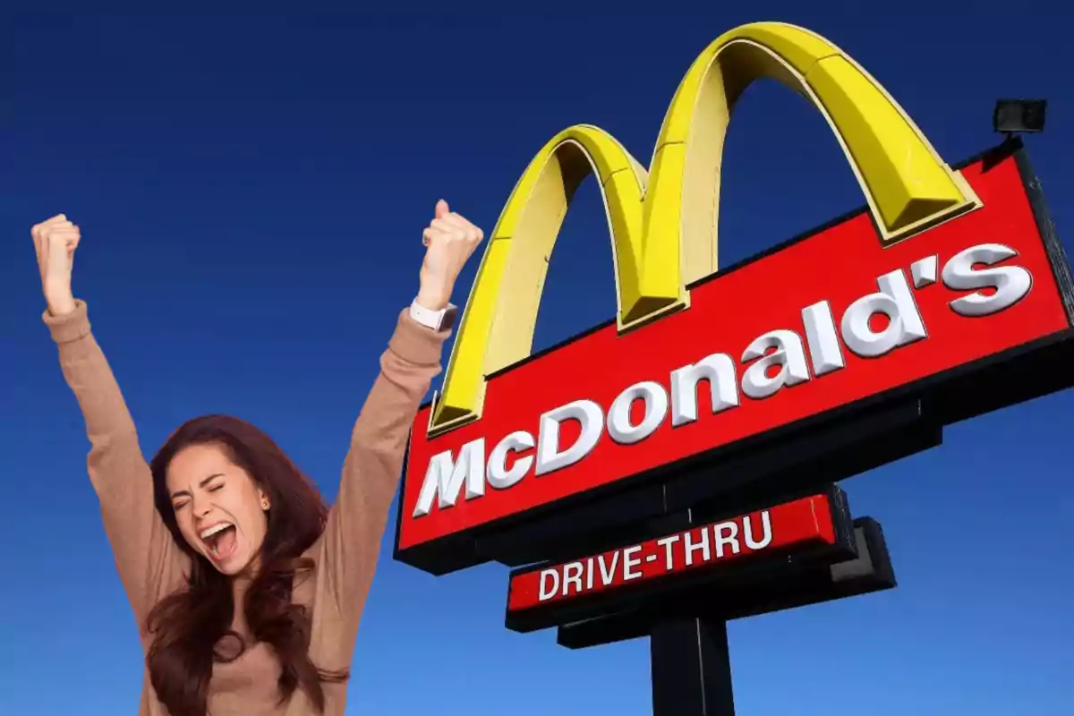 Excited woman raising her arms next to a McDonald's sign under a blue sky. Excited woman raising her arms next to a McDonald's sign under a blue sky.