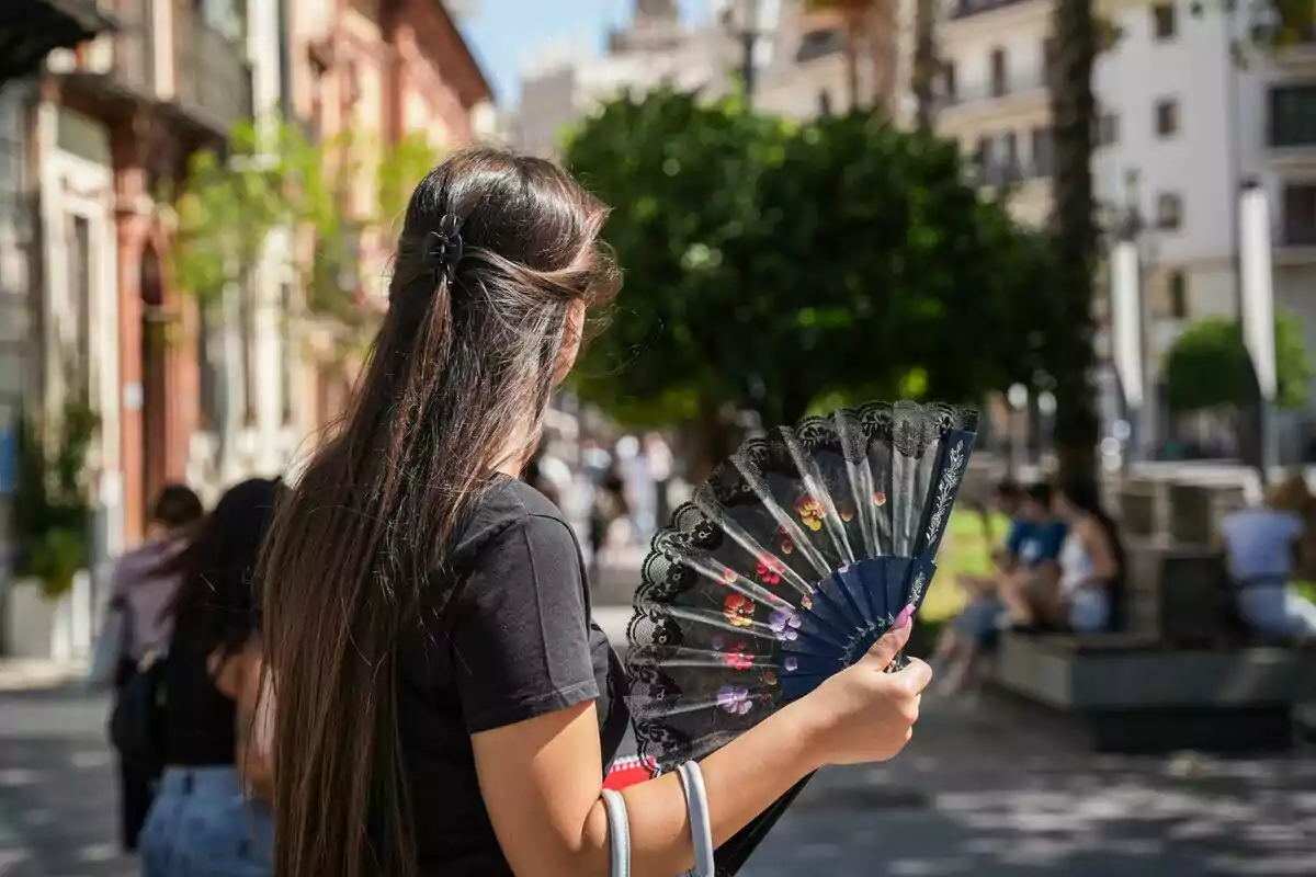 Dona d’esquena amb cabell llarg sosté un ventall mentre camina per un carrer assolellat amb arbres i persones assegudes al fons. Dona d’esquena amb cabell llarg sosté un ventall mentre camina per un carrer assolellat amb arbres i persones assegudes al fons.