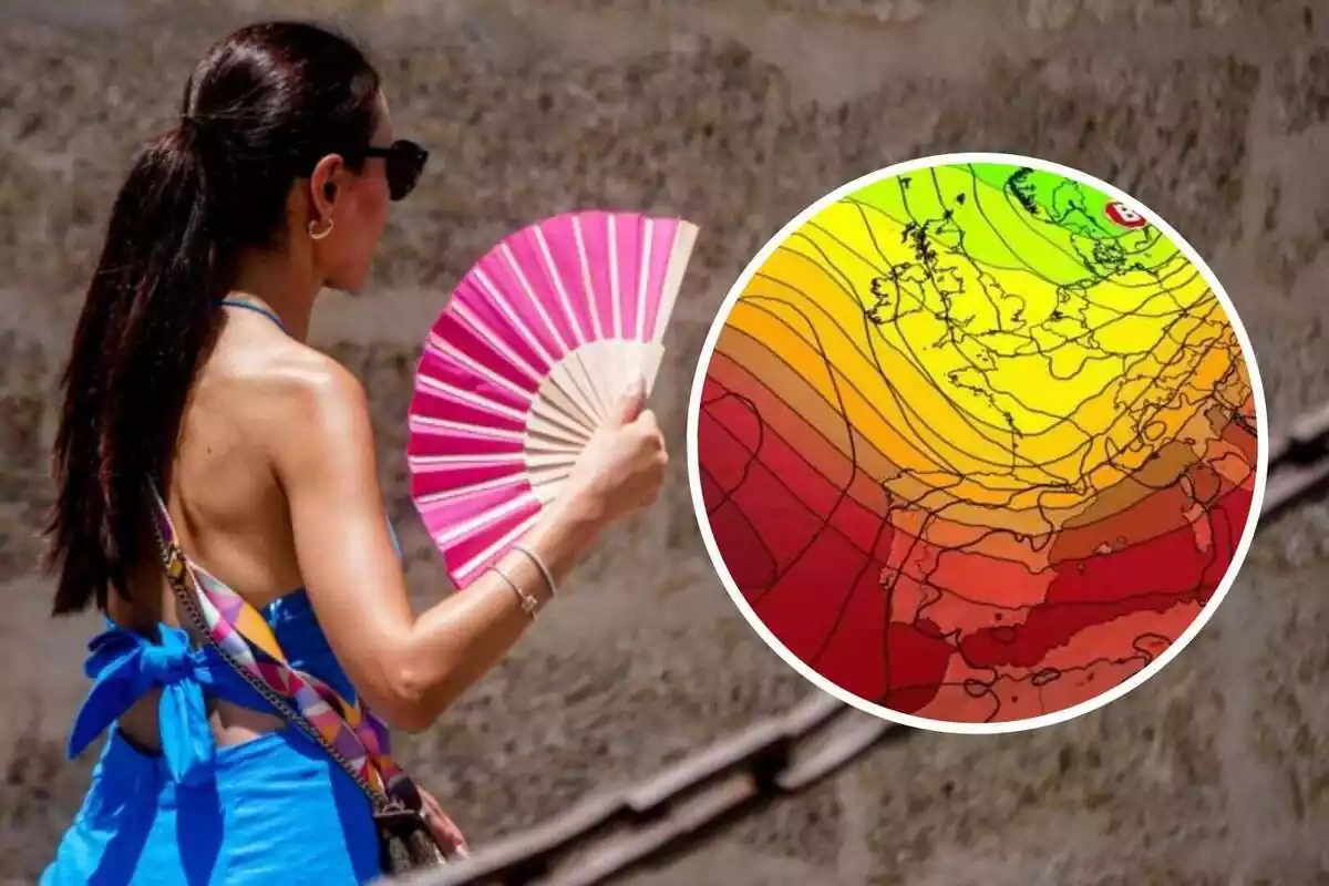 Muntatge amb una dona usant el ventall i el mapa de temperatures sobre Europa
