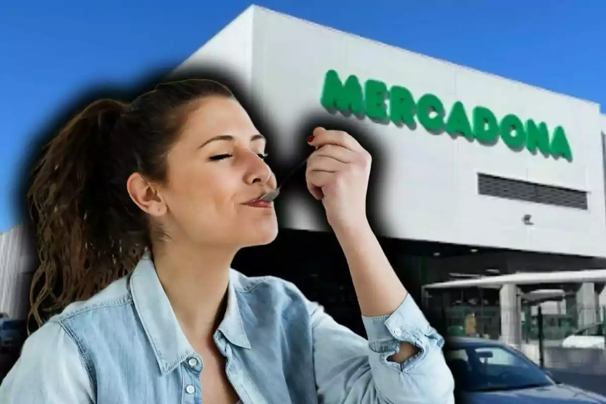 Muntatge de fotos d'una dona gaudint d'un àpat davant d'un supermercat Mercadona.