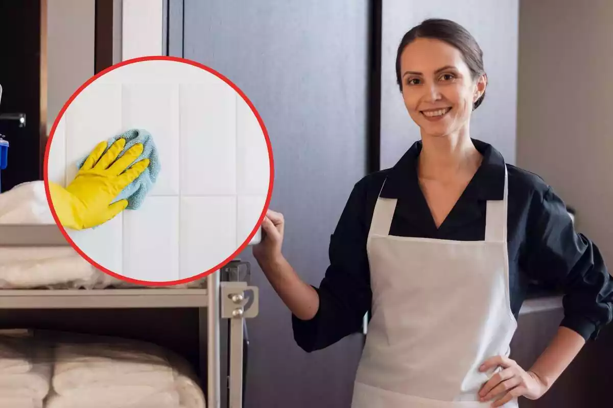 Muntatge amb una dona netejadora i una mà amb guant de làtex groga netejant