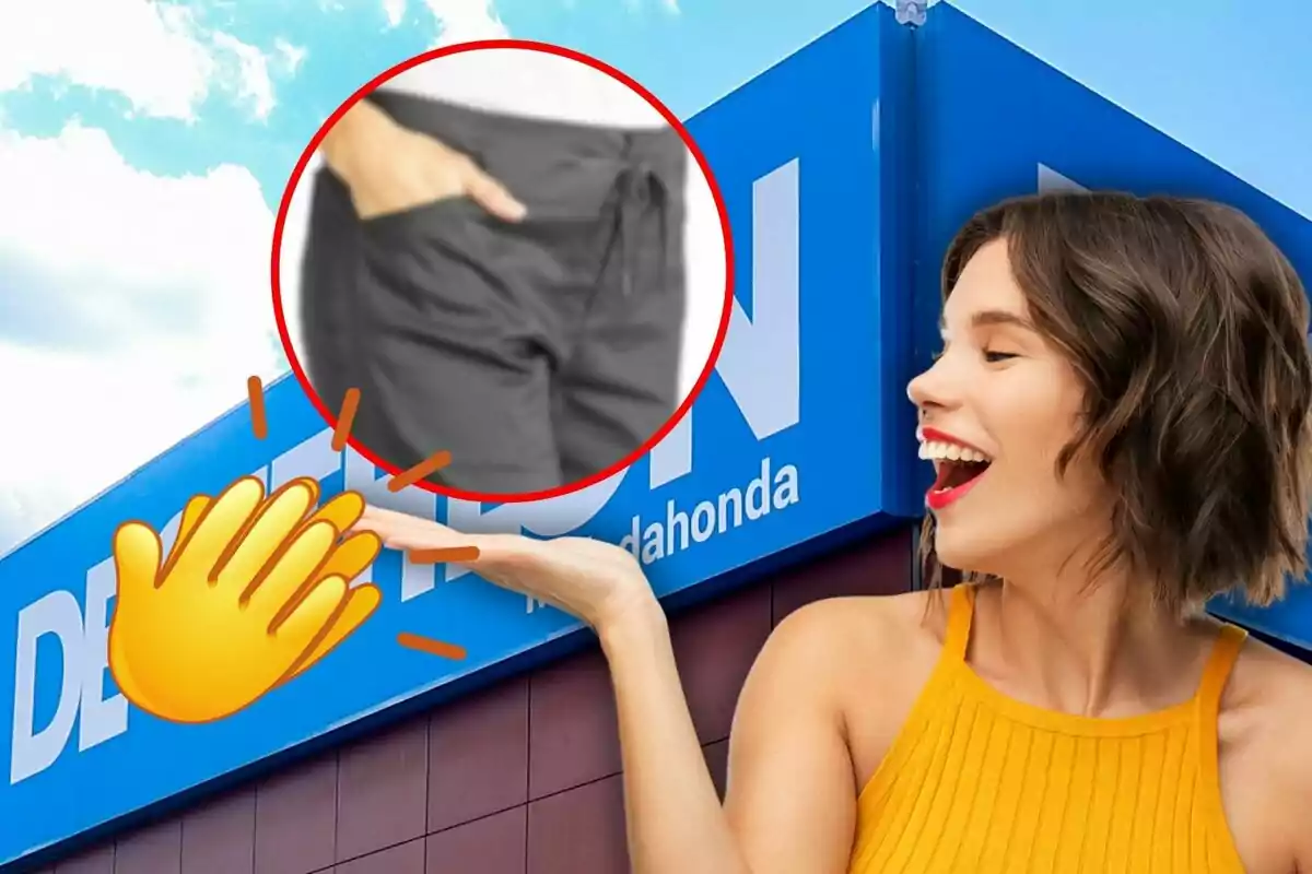 Una dona somrient assenyala un cartell blau amb lletres blanques mentre un emoji d'aplaudiment i un cercle vermell ressalten un detall d'uns pantalons.