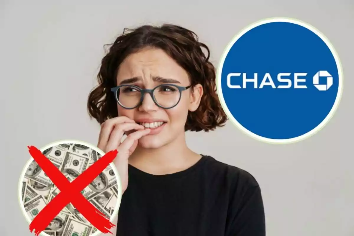 Mujer preocupada con logotipo de Chase y símbolo de dinero tachado. Mujer preocupada con logotipo de Chase y símbolo de dinero tachado.