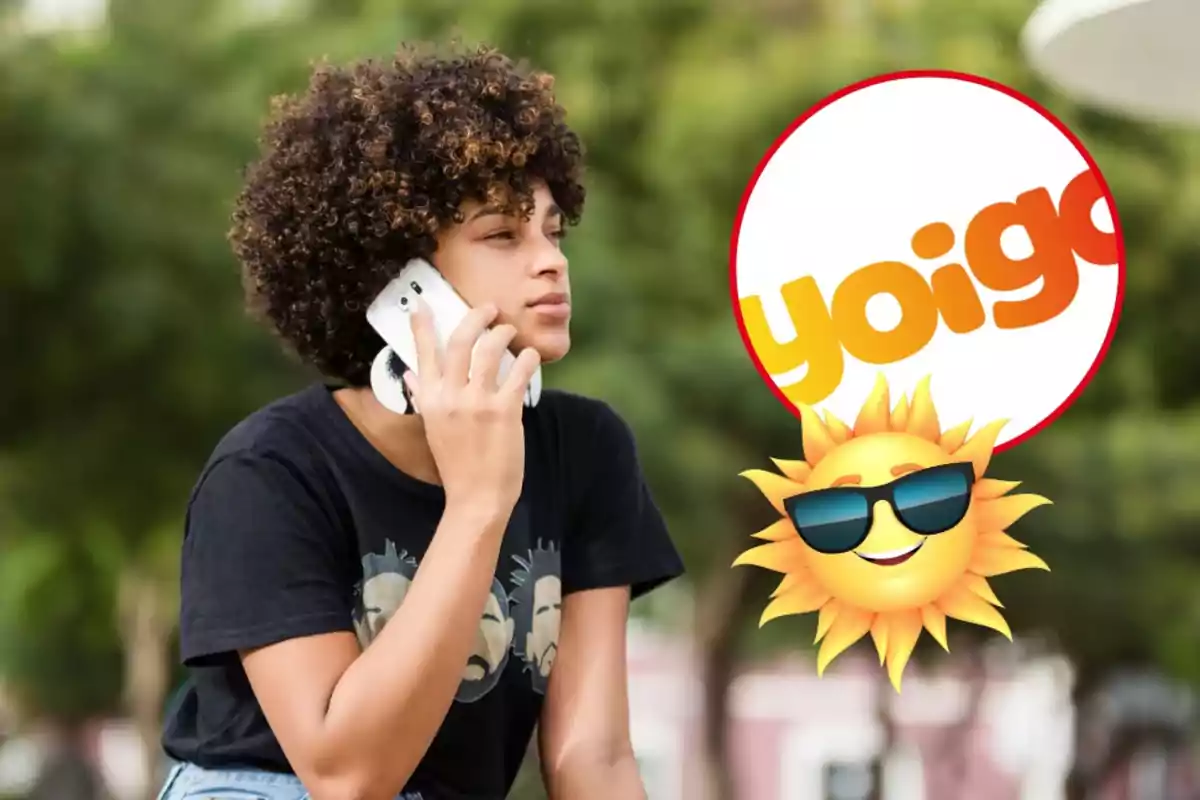 Persona parlant per telèfon mòbil amb un logotip de Yoigo i un emoji de sol amb ulleres de sol a la cantonada superior dreta.